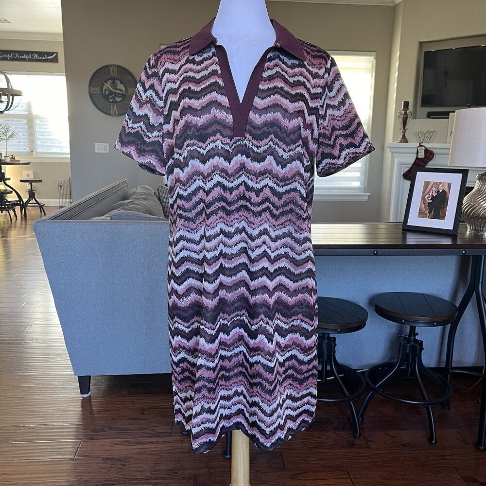 Cato Dress Women's XL Shift Retro Loose Collared Knit Shirt Maroon Black X-Large